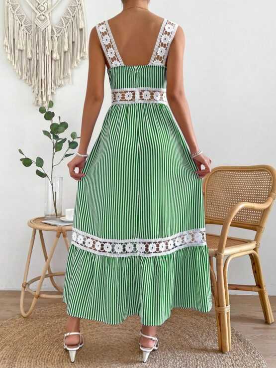 Striped Print Guipure Lace Insert Ruffle Hem Cami Dress - Image 4