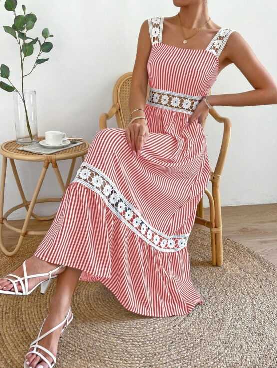 Striped Print Guipure Lace Insert Ruffle Hem Cami Dress - Image 5