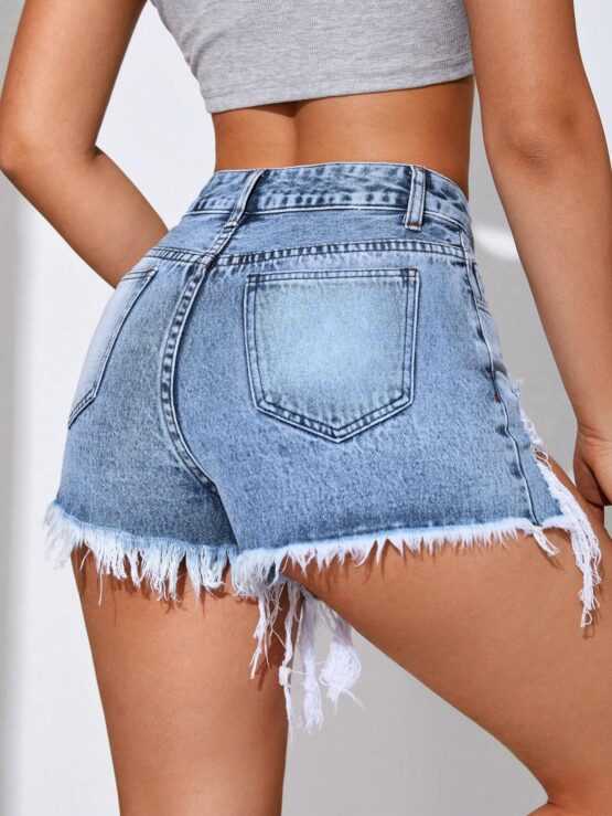 EZwear Ripped Pocket Raw Hem Denim Shorts - Image 2