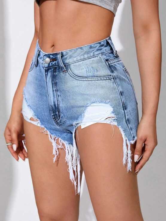 EZwear Ripped Pocket Raw Hem Denim Shorts - Image 3