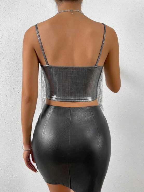 Fringe Crop Silver Plain Party Trim Cami Top - Image 3