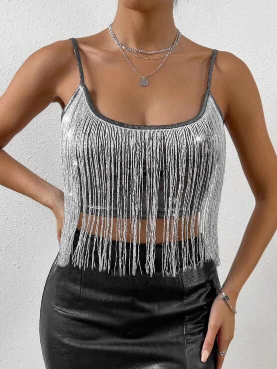 Fringe Crop Silver Plain Party Trim Cami Top - Image 2