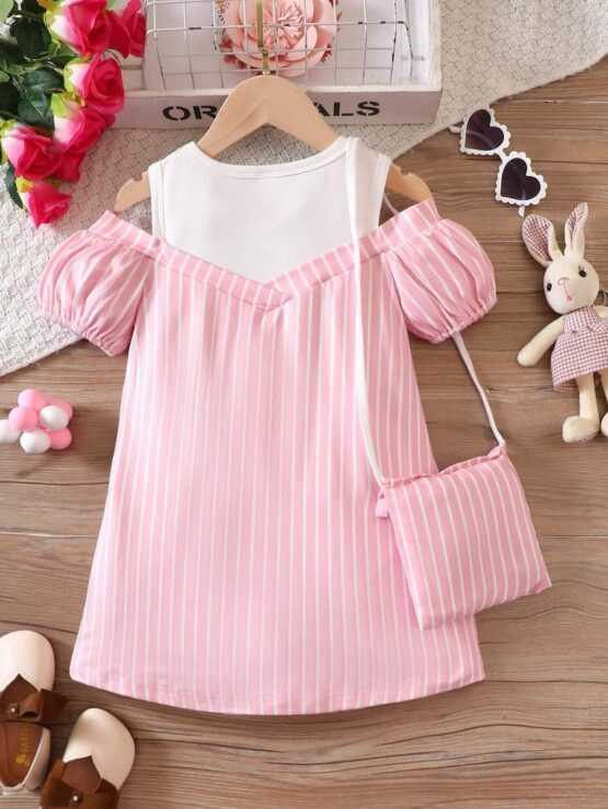 Toddler Girls Striped 3D Rabbit Ear Cold Shoulder Dress With Bag - Image 2
