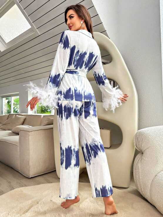 Tie Dye Fuzzy Cuff Contrast Faux Fur Belted PJ Set - Image 2