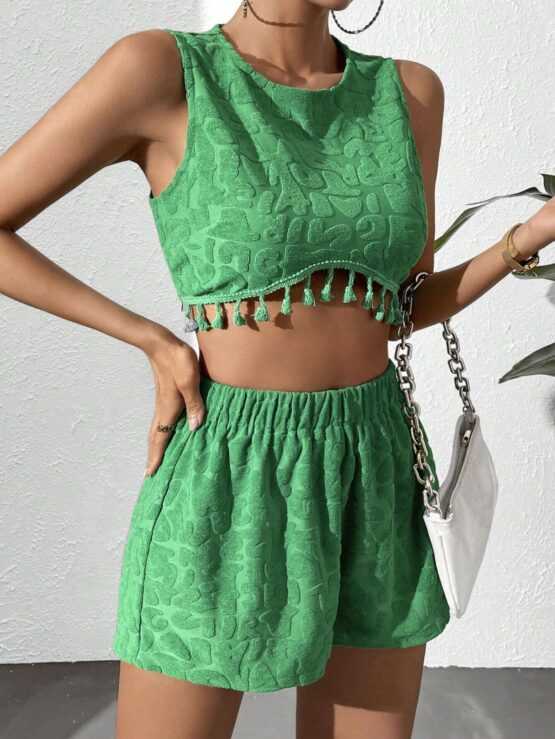 Solid Fringe Tassel Trim Tank Top & Shorts - Image 3