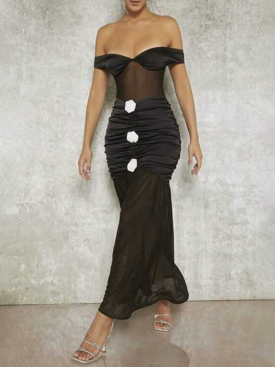 Off Shoulder 3D Appliques Ruched Overlay Mesh Dress - Image 3