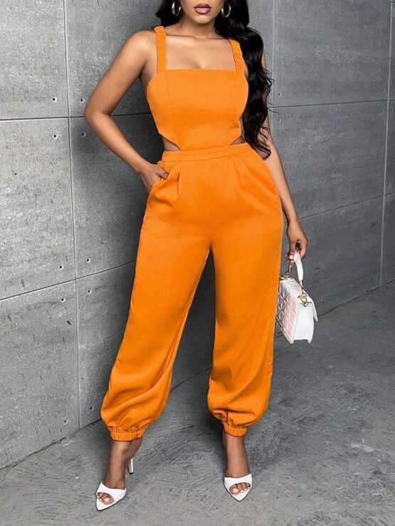 Solid Cut Out Waist Slant Pocket Backless Jumpsuit - Image 2