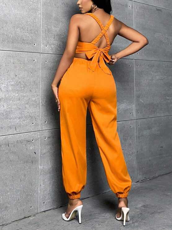 Solid Cut Out Waist Slant Pocket Backless Jumpsuit - Image 3