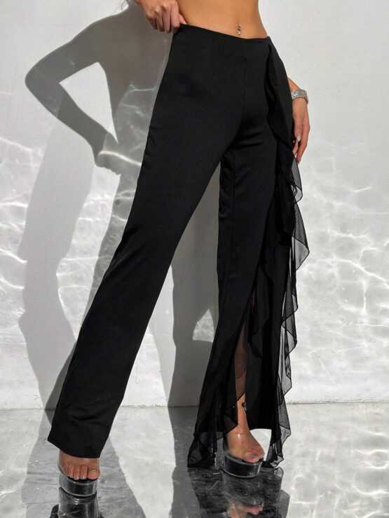 ICON Ruffle Trim Split Thigh Flare Leg Pants - Image 3
