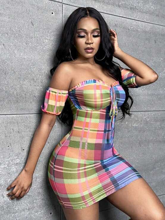Plaid Print Off Shoulder Frill Trim Knot Front Bodycon Dress - Image 2