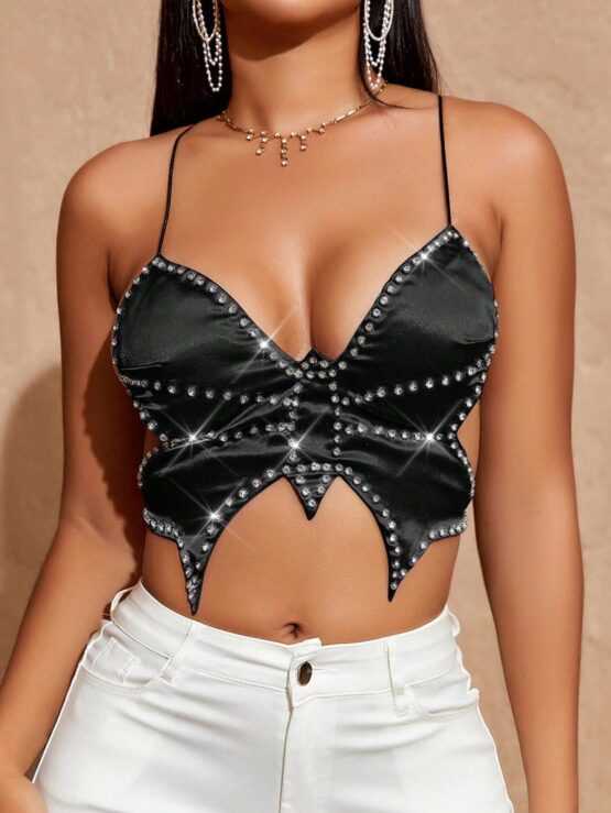 Rhinestone Detail Tie Backless Butterfly Shaped Crop Halter Top - Image 2