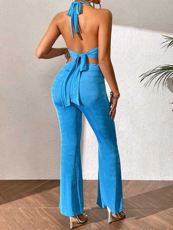 Draped Front Backless Halter Top & Tie Front Flare Leg Pants - Image 3