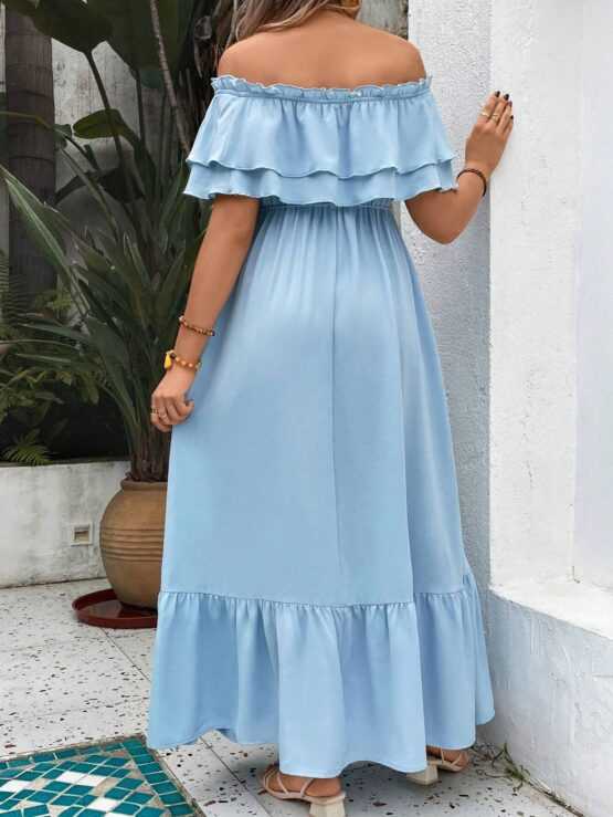 Maternity Off Shoulder Ruffle Trim Belted Sleeve Dress - Image 2