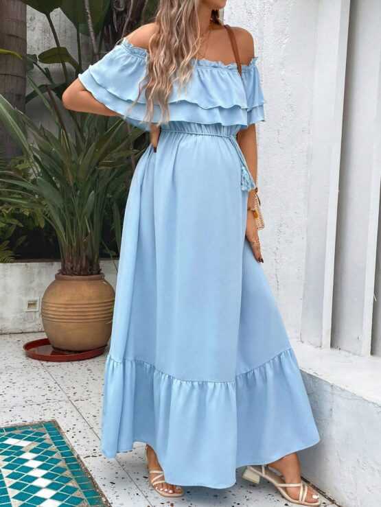 Maternity Off Shoulder Ruffle Trim Belted Sleeve Dress - Image 3