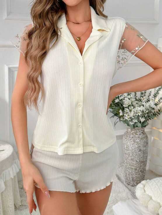 Contrast Mesh Button Front Lace Lapel Neck PJ Set - Image 3