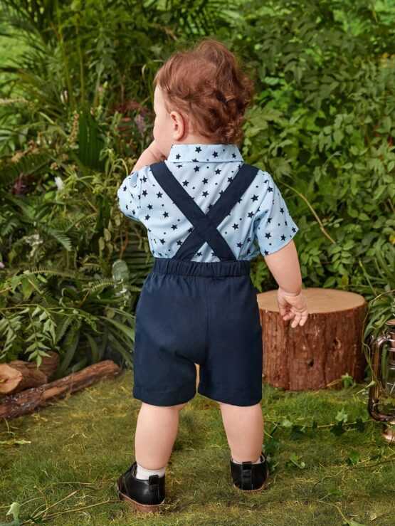 Baby Star Print Bow Front Shirt Bodysuit & Suspender Shorts - Image 2