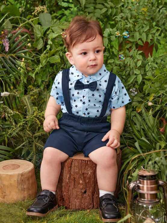 Baby Star Print Bow Front Shirt Bodysuit & Suspender Shorts - Image 3