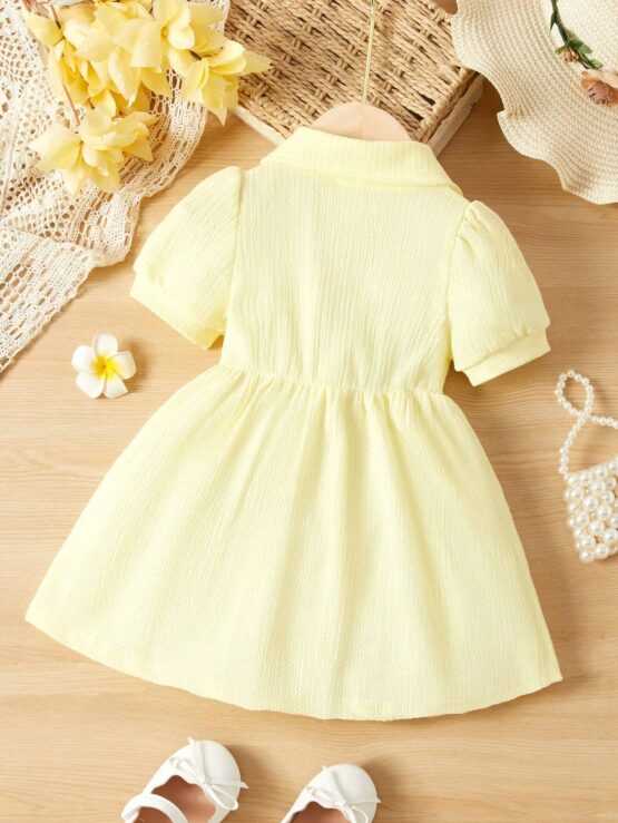 Baby Puff Sleeve Button Front Peter Pan Collar Smock Dress - Image 3