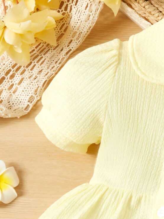 Baby Puff Sleeve Button Front Peter Pan Collar Smock Dress - Image 2