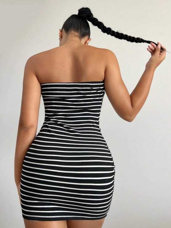 Striped Sexy Pencil Print Tube Bodycon Dress - Image 2