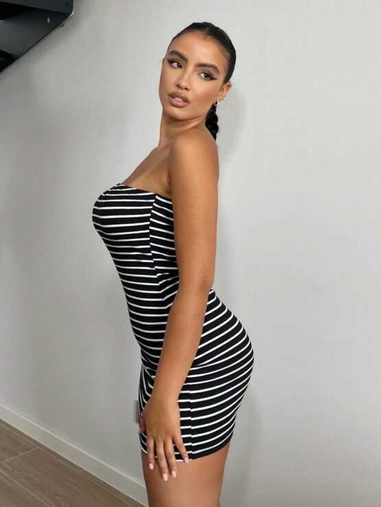 Striped Sexy Pencil Print Tube Bodycon Dress - Image 3