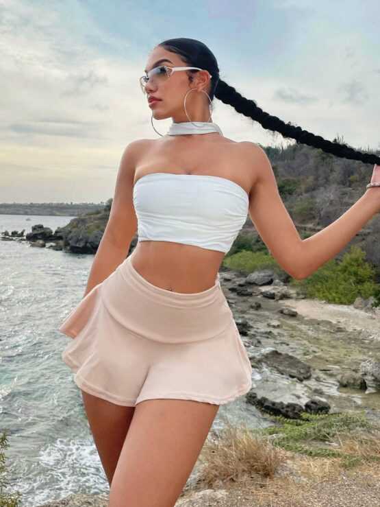 VCAY Solid Ruched Criss Cross Back Halter Top - Image 3