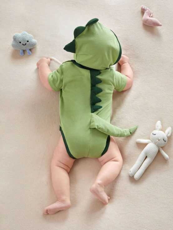 Newborn Baby Cartoon Graphic Contrast Binding Costume Button Bodysuit With Hat - Image 3