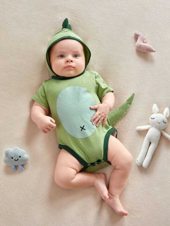 Newborn Baby Cartoon Graphic Contrast Binding Costume Button Bodysuit With Hat - Image 2