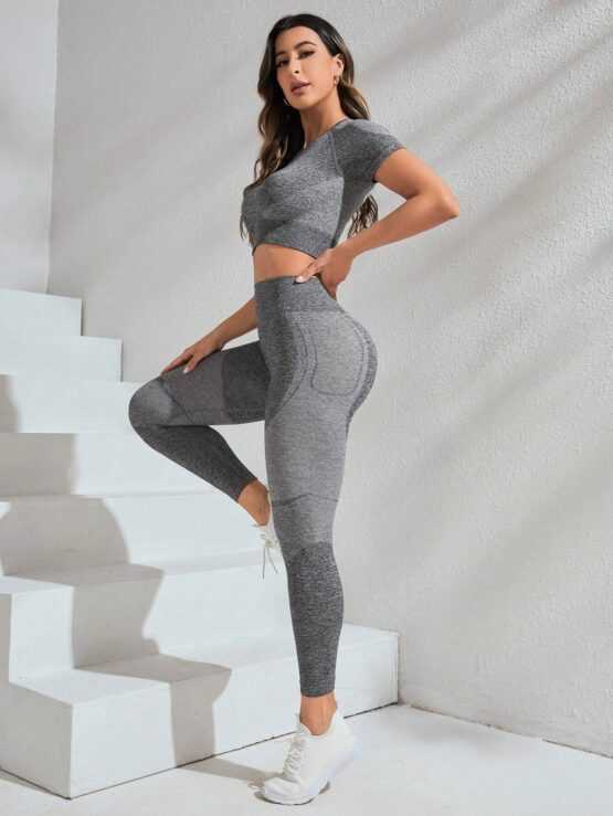Seamless Plain Sleeve High Stretch Sports Set - Image 2