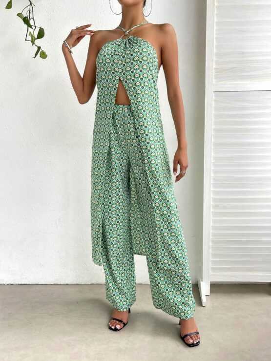 All Over Print Split Hem Halter Top & Wide Leg Pants - Image 3
