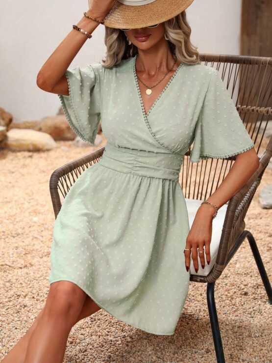 Swiss Dot Surplice Neck Butterfly Sleeve Dress - Image 3