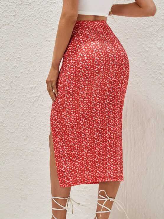 VCAY Ditsy Floral Print Skinny Split Thigh Skirt - Image 2