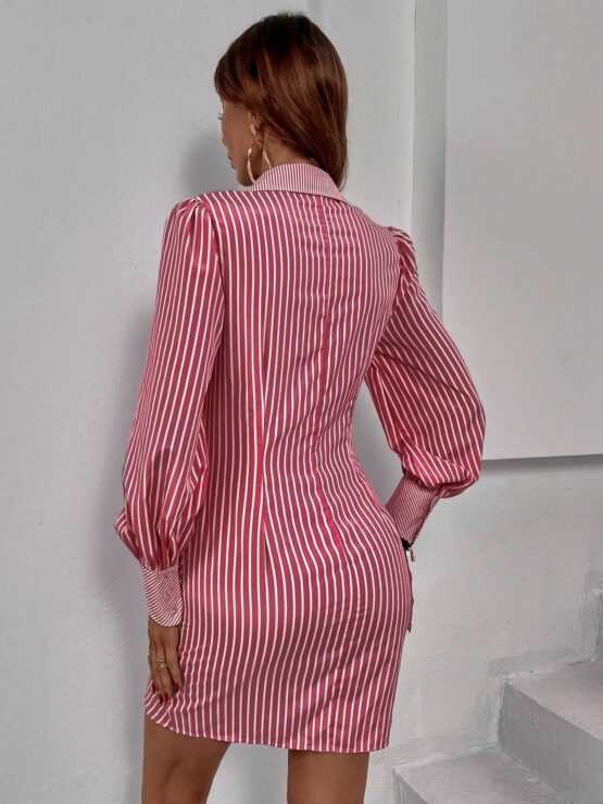 Striped Collar Elegant Button Front Shirt Dress - Image 2