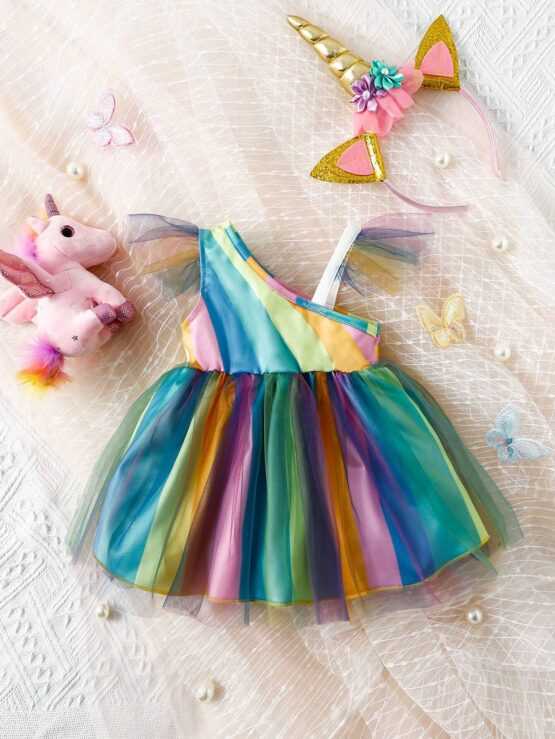 Baby Rainbow Striped Asymmetrical Neck Ruffle Costume Trim Dress - Image 3