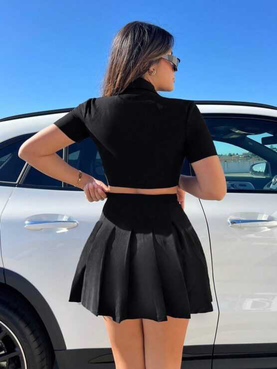 Solid Crop Blazer & Rhinestone Detail Pleated Skirt - Image 3