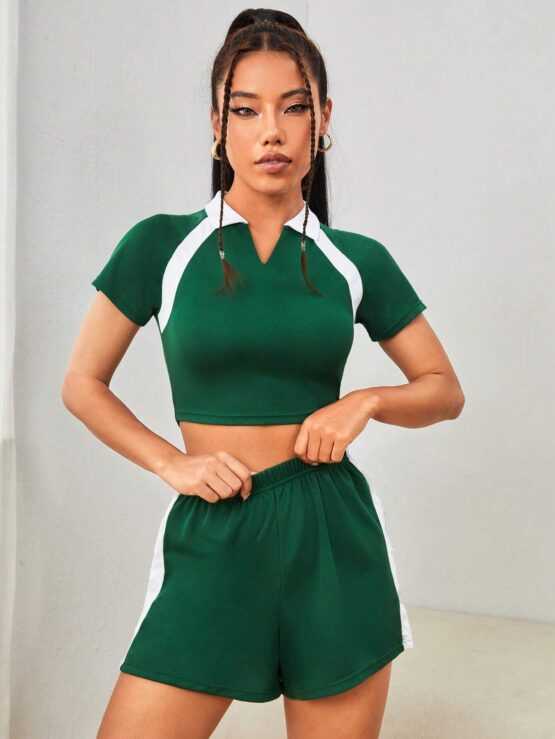 Contrast Panel Raglan Sleeve Crop Sports Tee & Sports Shorts - Image 3