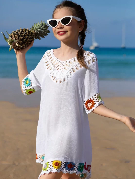 Girls Crochet Floral Panel Hooded Cover Up - Image 3
