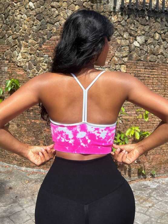 Tie Dye Contrast Binding Criss Cross Backless Sports Bra - Image 3