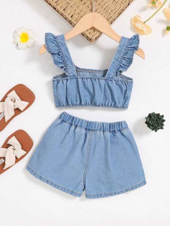 Toddler Girls Ruffle Trim Denim Top & Denim Shorts - Image 3