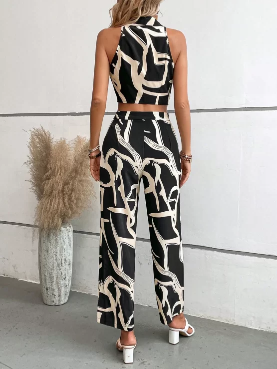 Graphic Print Knot Hem Halter Top & Wide Leg Pants - Image 2