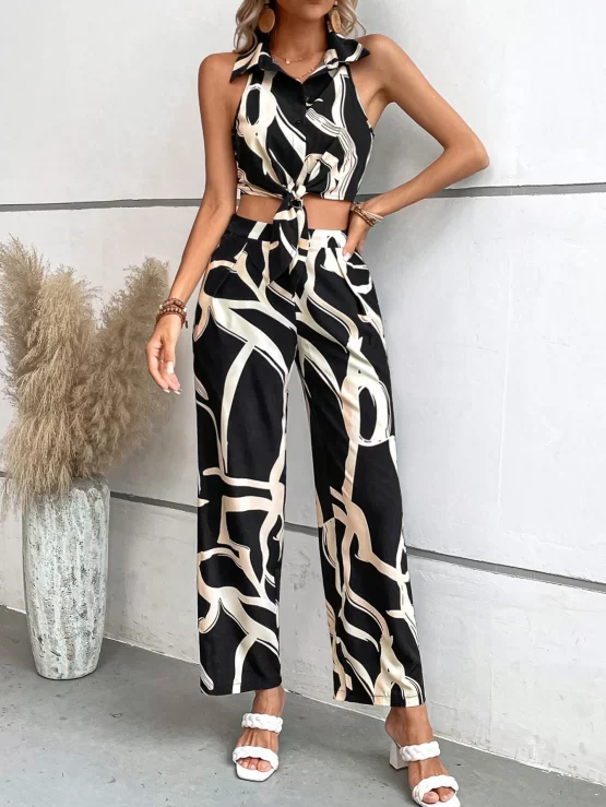 Graphic Print Knot Hem Halter Top & Wide Leg Pants - Image 3