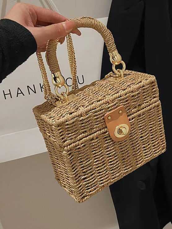 Mini Straw Plain Box Khaki Top Handle Bag - Image 3