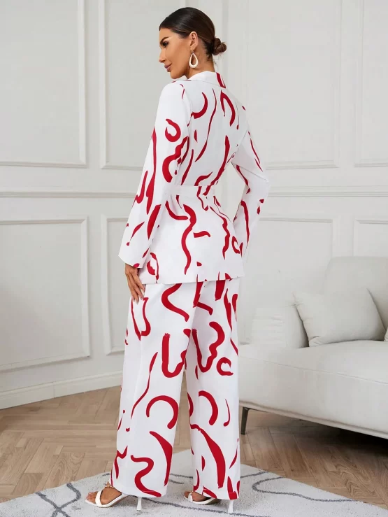 All Over Print Lapel Neck Belted Shirt & Wide Leg Pants - Image 2