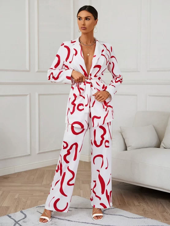 All Over Print Lapel Neck Belted Shirt & Wide Leg Pants - Image 3