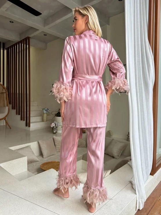 Striped Jacquard Fuzzy Trim Belted Satin PJ Set - Image 2