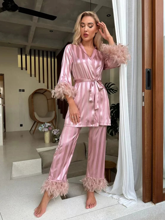 Striped Jacquard Fuzzy Trim Belted Satin PJ Set - Image 3