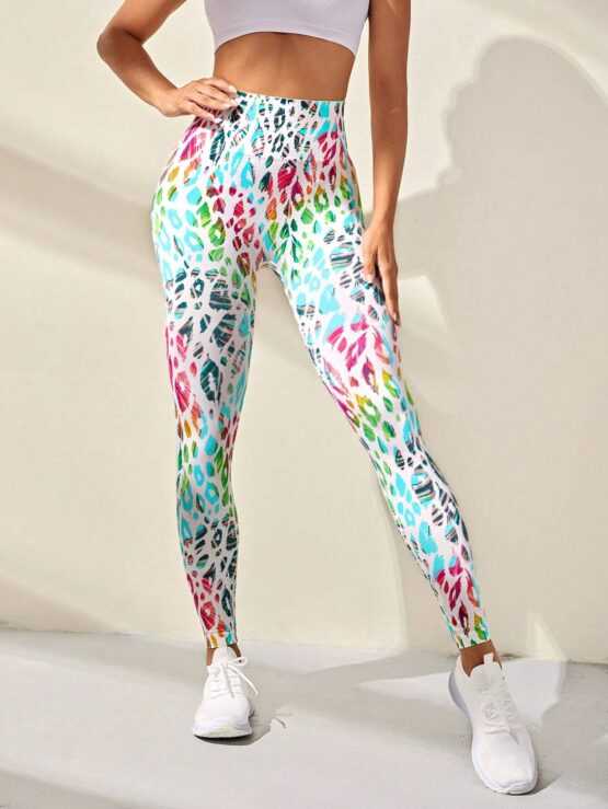 Leopard Print Wide Waistband Sports Leggings - Image 3