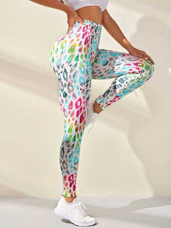 Leopard Print Wide Waistband Sports Leggings - Image 2