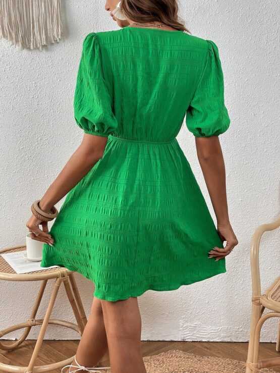 VCAY Solid Knot Front Puff Sleeve A Line Dress - Image 2