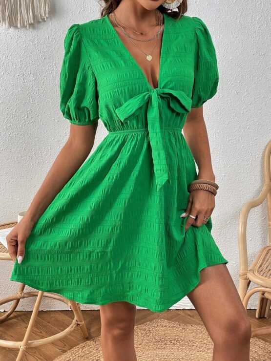 VCAY Solid Knot Front Puff Sleeve A Line Dress - Image 3